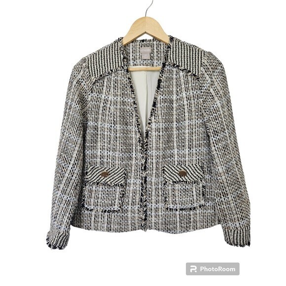 Chicos Tweed Frayed Fringe Blazer Size 0 Petite or Small‎ Petite - Picture 1 of 10